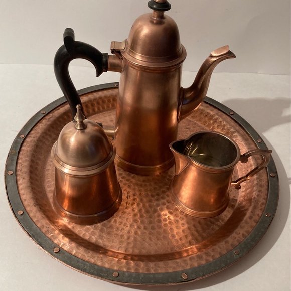 Vintage Metal Copper Tea Set On A Plate, 12" Wide - Picture 2 of 5